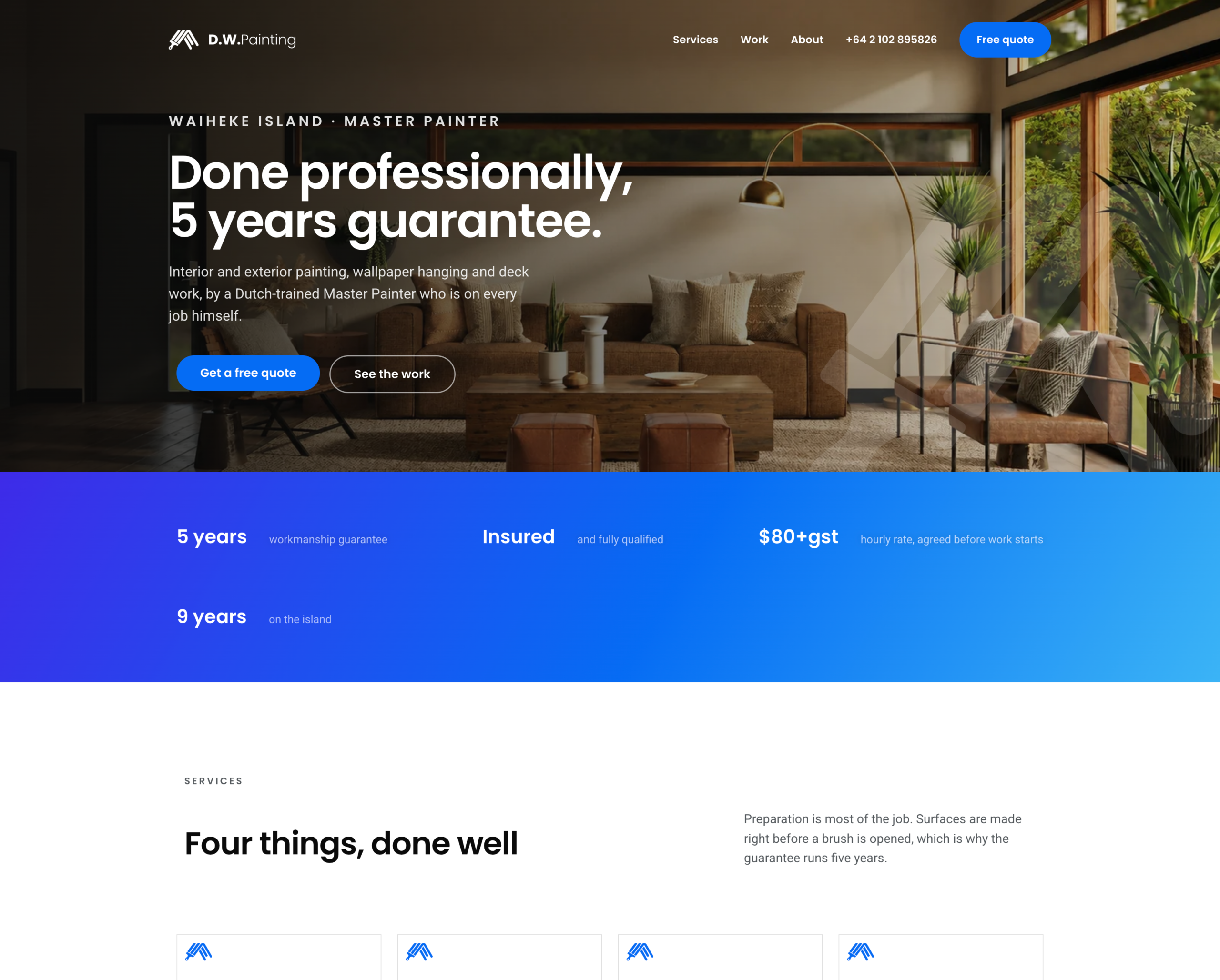 %Stride AI - AI Automation For New Zealand Businesses% 1 D.W. Painting website hero section, headline 'Done professionally, 5 years guarantee'